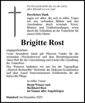 Traueranzeige von Brigitte Rost von Thüringer Allgemeine, Thüringische Landeszeitung