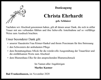 Traueranzeige von Christa Ehrhardt von Thüringer Allgemeine