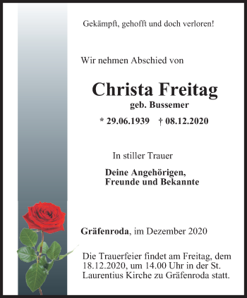 Traueranzeige von Christa Freitag von Thüringer Allgemeine