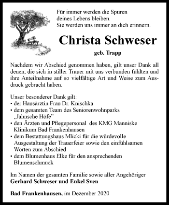 Traueranzeige von Christa Schweser von Thüringer Allgemeine
