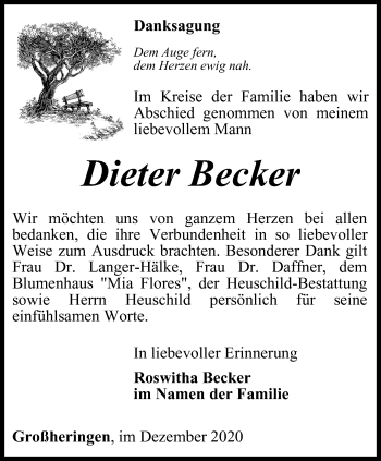 Traueranzeige von Dieter Becker von Thüringer Allgemeine, Thüringische Landeszeitung