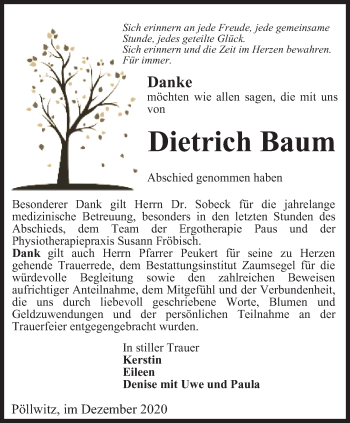 Traueranzeige von Dietrich Baum von Ostthüringer Zeitung