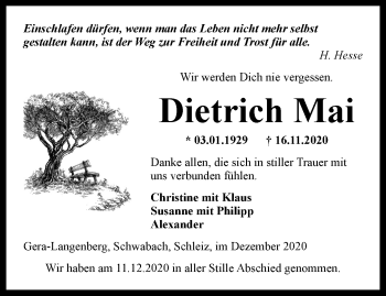Traueranzeige von Dietrich Mai