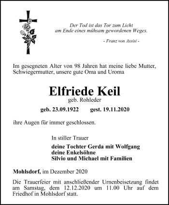 Traueranzeige von Elfriede Keil von Ostthüringer Zeitung