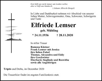 Traueranzeige von Elfriede Lemser