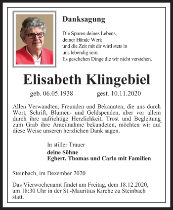 Traueranzeige von Elisabeth Klingebiel von Thüringer Allgemeine