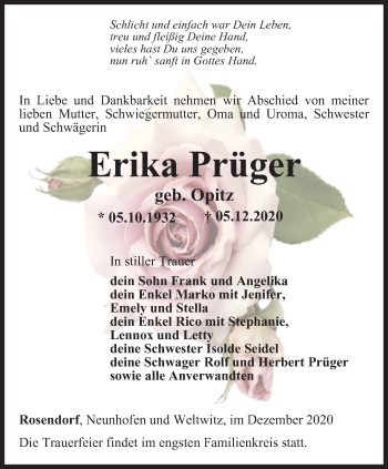 Traueranzeige von Erika Prüger