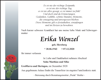 Traueranzeige von Erika Wenzel von Thüringer Allgemeine