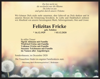 Traueranzeige von Felizitas Fricke