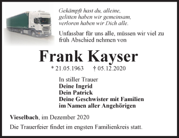 Traueranzeige von Frank Kayser von Thüringer Allgemeine, Thüringische Landeszeitung