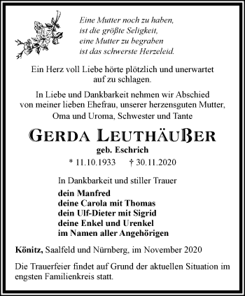 Traueranzeige von Gerda Leuthußer von Ostthüringer Zeitung