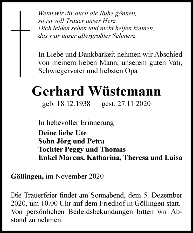  Traueranzeige für Gerhard Wüstemann vom 02.12.2020 aus Thüringer Allgemeine