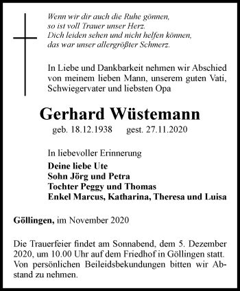 Traueranzeige von Gerhard Wüstemann von Thüringer Allgemeine