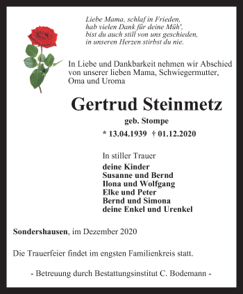 Traueranzeige von Gertrud Steinmetz