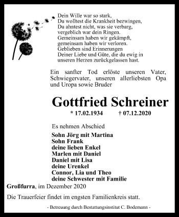 Traueranzeige von Gottfried Schreiner