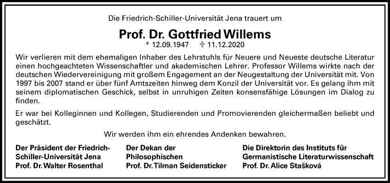  Traueranzeige für Gottfried Willems vom 22.12.2020 aus Ostthüringer Zeitung, Thüringische Landeszeitung
