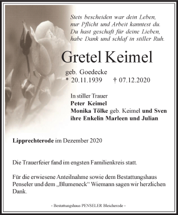 Traueranzeige von Gretel Keimel von Thüringer Allgemeine