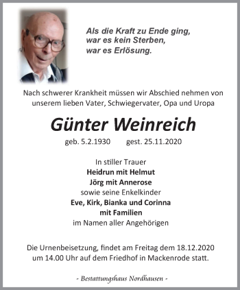 Traueranzeige von Günter Weinreich von Thüringer Allgemeine