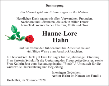 Traueranzeige von Hanne-Lore Hahn von Ostthüringer Zeitung