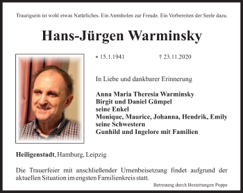 Traueranzeige von Hans-Jürgen Warminsky von Thüringer Allgemeine