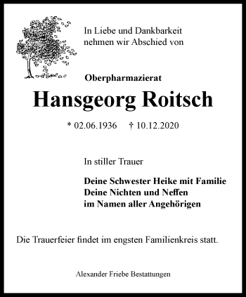 Traueranzeige von Hansgeorg Roitsch