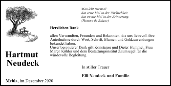 Traueranzeige von Hartmut Neudeck von Ostthüringer Zeitung