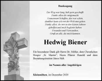 Traueranzeige von Hedwig Biener von Thüringer Allgemeine, Thüringische Landeszeitung