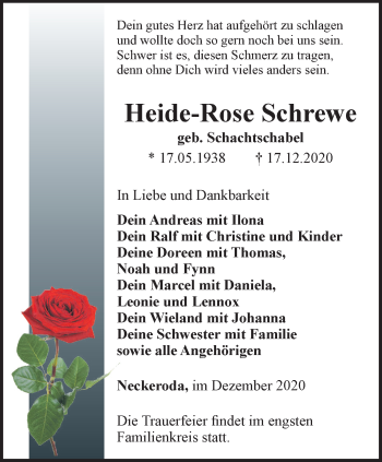 Traueranzeige von Heide-Rose Schrewe von Ostthüringer Zeitung