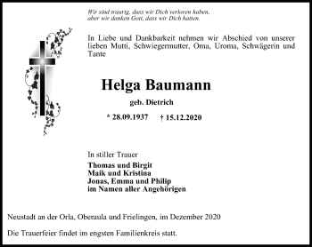 Traueranzeige von Helga Baumann von Ostthüringer Zeitung