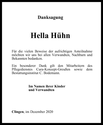 Traueranzeige von Hella Hühn