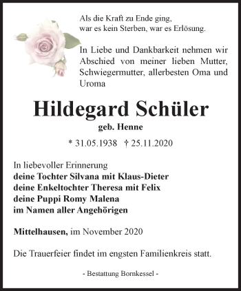 Traueranzeige von Hildegard Schüler von Thüringer Allgemeine, Thüringische Landeszeitung