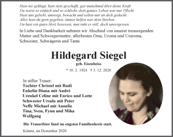 Traueranzeige von Hildegard Siegel von Ostthüringer Zeitung