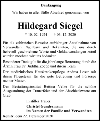 Traueranzeige von Hildegard Siegel von Ostthüringer Zeitung