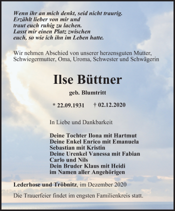 Traueranzeige von Ilse Büttner von Ostthüringer Zeitung