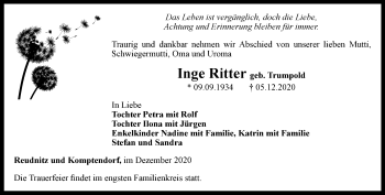 Traueranzeige von Inge Ritter von Ostthüringer Zeitung