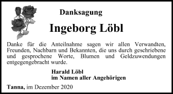 Traueranzeige von Ingeborg Löbl von Ostthüringer Zeitung