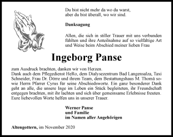 Traueranzeige von Ingeborg Panse von Thüringer Allgemeine, Thüringische Landeszeitung