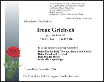 Traueranzeige von Irene Griebsch von Thüringer Allgemeine