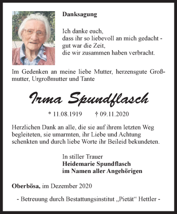 Traueranzeige von Irma Spundflasch von Thüringer Allgemeine