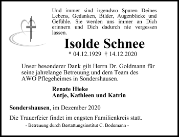 Traueranzeige von Isolde Schnee