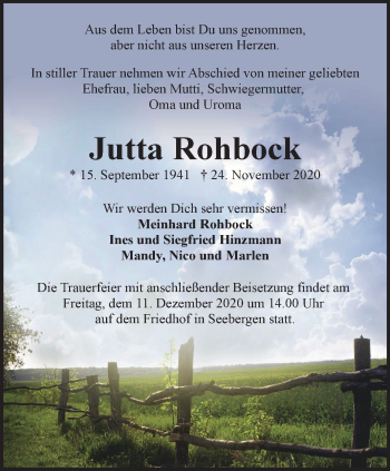 Traueranzeige von Jutta Rohbock von Thüringer Allgemeine, Thüringische Landeszeitung