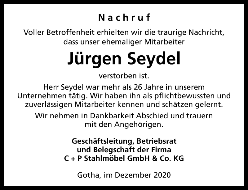  Traueranzeige für Jürgen Seydel vom 12.12.2020 aus Thüringer Allgemeine, Thüringische Landeszeitung