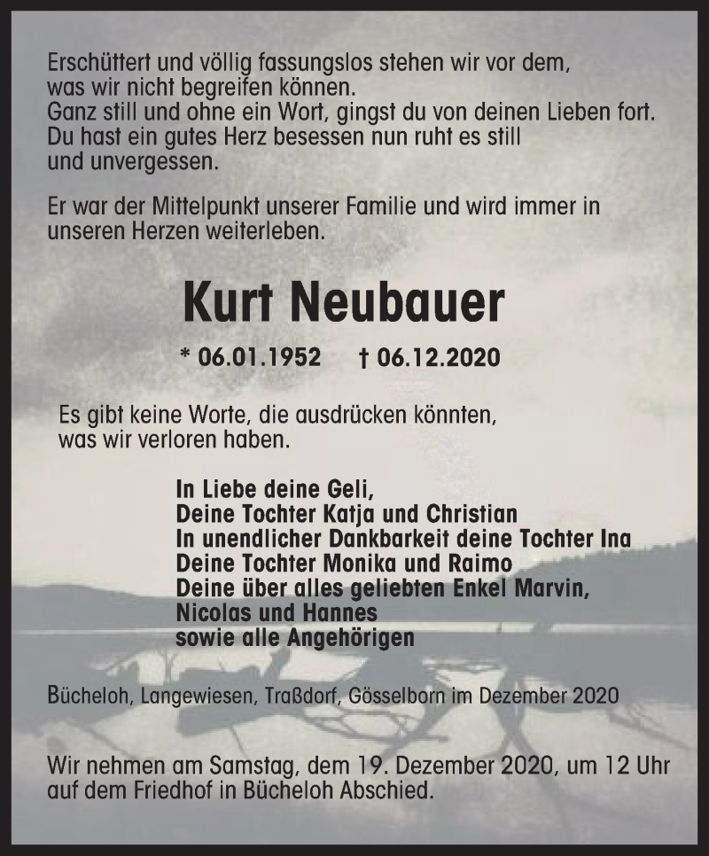  Traueranzeige für Kurt Neubauer vom 12.12.2020 aus Thüringer Allgemeine