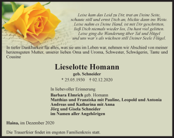 Traueranzeige von Lieselotte Homann von Thüringer Allgemeine, Thüringische Landeszeitung