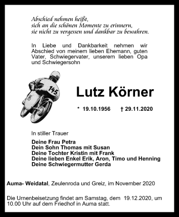 Traueranzeige von Lutz Körner von Ostthüringer Zeitung