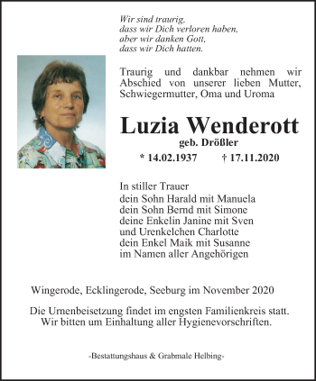 Traueranzeige von Luzia Wenderott von Thüringer Allgemeine