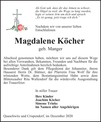 Traueranzeige von Magdalene Köcher