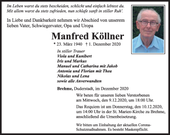 Traueranzeige von Manfred Köllner von Thüringer Allgemeine