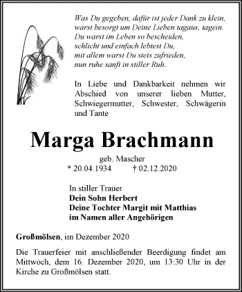 Traueranzeige von Marga Brachmann von Thüringer Allgemeine, Thüringische Landeszeitung