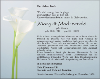 Traueranzeige von Margrit Modrzenski